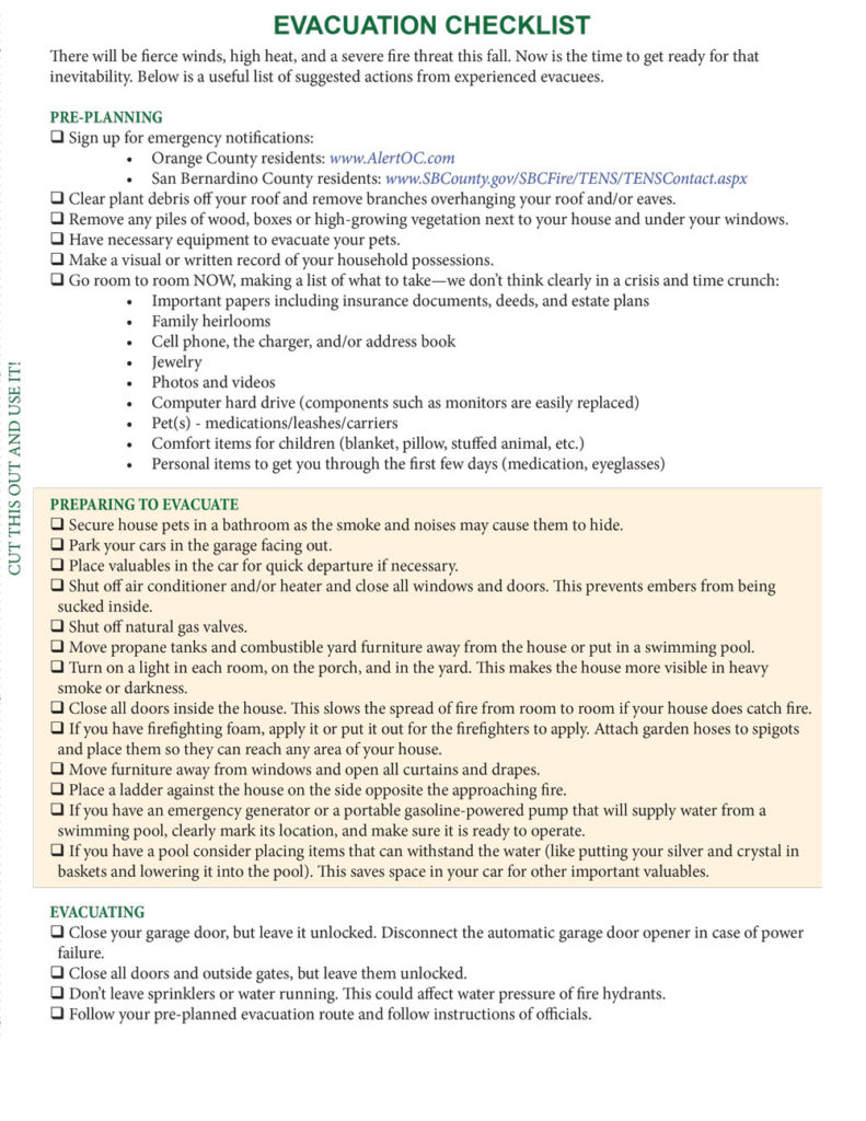 A checklist that discusses pre-planning, preparing to evacuate, and actually evacuating.