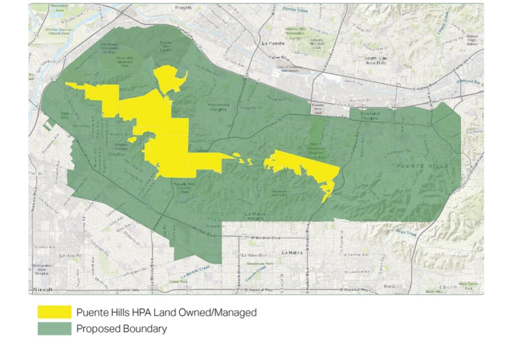 A map of the lands owned/managed by the Habitat Authority (shown in yellow). In green surrounding those areas are neighborhoods that would be within the Community Facilities District