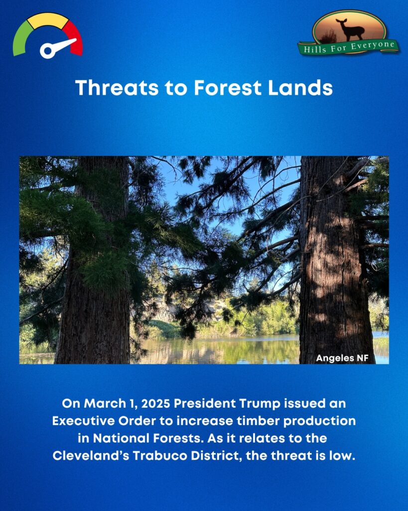 A blue background with the HFE logo upper right and a threat thermometer on the left pointing to red. The title is: Threats to Forest Lands. There is a photo of trees with a lake in the distance. Below the photos it says: On March 1, 2025 President Trump issued an Executive Order to increase timber production in National Forests. As it relates to the Cleveland’s Trabuco District, the threat is low.